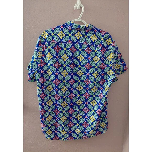 J Crew Hawaiian Shirt Men's Med Blue Floral Short Sleeve Button Up Camp Resort - Picture 8 of 10